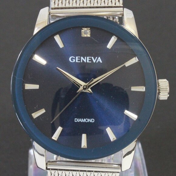 Geneva Men's Dress Watch Diamond At 12 Blue Dial Milanese Bracelet 42mm - Picture 9 of 13
